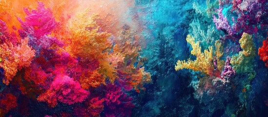 Vivid, abstract coral reef in vibrant hues of orange, pink, and blue