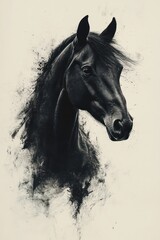 Black and White Abstract Portrait of a Horse Head with Flowing Mane