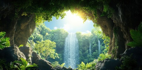 A lush, green cave view reveals a stunning waterfall illuminated by sunlight, showcasing the beauty of nature.