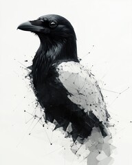 Minimalistic Cubism Raven Illustration on White Background