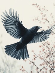 Fototapeta premium Fierce Black Crow in Flight with Dynamic Feathers on White Background
