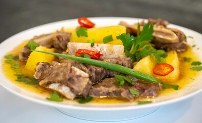 Fototapeta premium Traditional rustic Brazilian soup known as vaca atolada, prepared with cassava and beef ribs