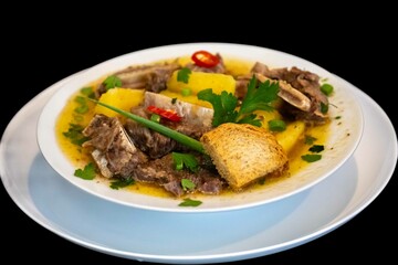 Traditional rustic Brazilian soup known as vaca atolada, prepared with cassava and beef ribs