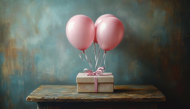 Baby Girl Birth Announcement Card with Balloons and Gift Box in Vintage Pastel Aesthetic