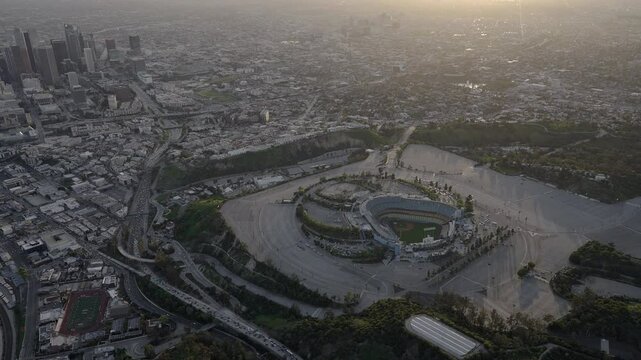 Aerial View of Dodger Stadium at Sunset with Downtown Los Angeles in the background