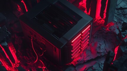 Naklejka premium An advanced computer server with glowing red lights in a dark, atmospheric environment, showcasing technology in a moody setting