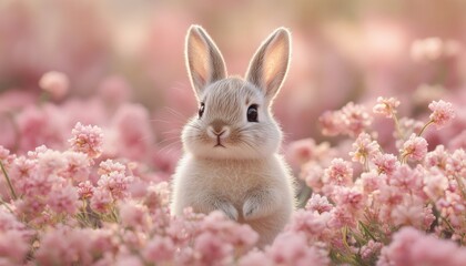 adorable white bunny dressed in pink sitting among pink flowers with a bokeh effect background