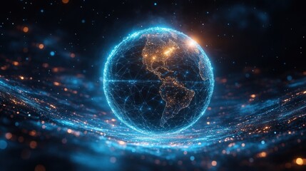 Obraz premium Futuristic Digital Globe with Interconnected Networks in Sci-fi Style Glowing Blue Lights and Dark Space Background