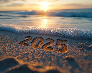 2025 Year Written in the Sand at the Beach During Sunrise