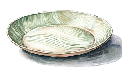 A ceramic bowl, painted in a watercolor style, features swirling shades of green and white, casting a soft shadow on a light surface