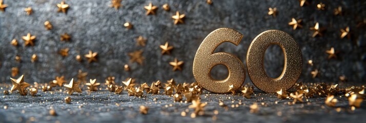Golden Number 60 with Star Confetti on Gray Background for Celebration and Promotion