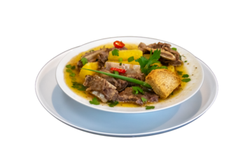 Traditional rustic Brazilian soup known as vaca atolada, prepared with cassava and beef ribs