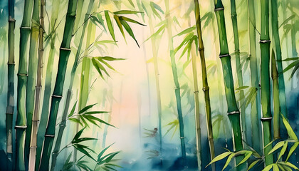 A watercolor painting of a serene bamboo forest with a gentle stream running through it, capturing a tranquil and natural scene