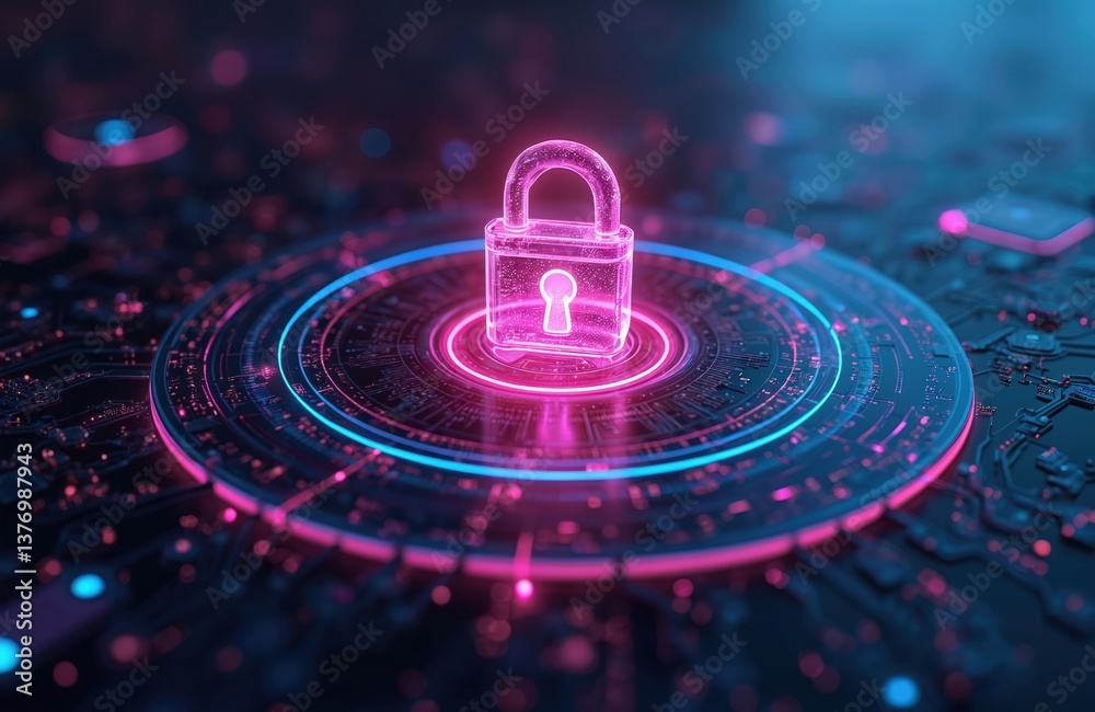 Poster cybersecurity icon illustration, padlock hologram on circuit board. digital data protection, network