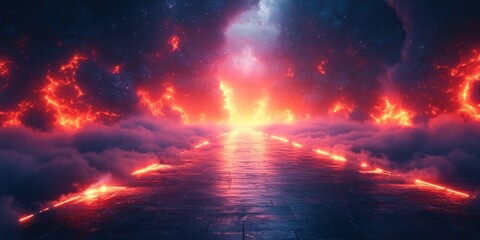 Fototapeta premium Futuristic Cyberpunk Cityscape with Neon Lighting and Geometric Shapes