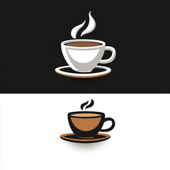 Obraz premium Illustration of a coffee cup design featuring contrasting color schemes with white on black and brown on white backgrounds, showcasing steam above the cups, ideal for cafe décor or branding