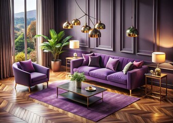 Luxurious Modern Living Room: Ultraviolet Decor, Purple Sofa, Gold Lamp