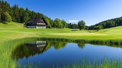 Obraz premium A scenic view of a golf course featuring a charming house, lush green grass, and a calm pond reflecting the blue sky and surrounding trees.