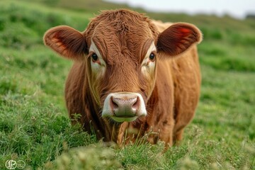 Close up of a brown cow chewing cud in a green field with grass in the background