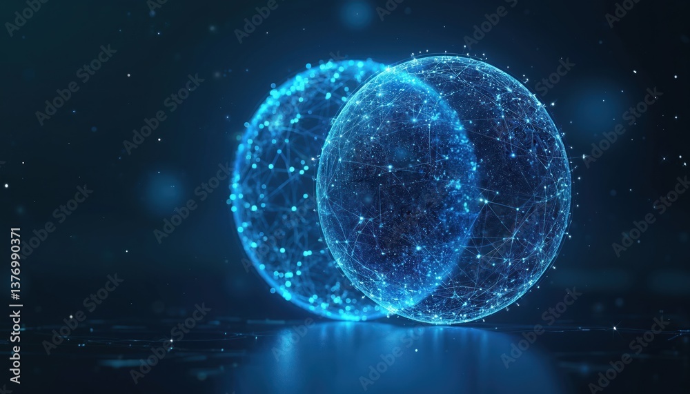 Poster abstract blue spheres with glowing nodes and lines against dark background. modern tech concept of n