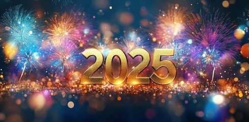 2025 New Year Celebration with Gold Fireworks and Bokeh Lights