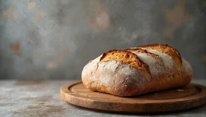 Freshly baked sourdough bread loaf on wooden board. Crusty, appetizing golden brown homemade bread. Perfect for breakfast, lunch, or dinner. Artisan bakery concept with rustic background.