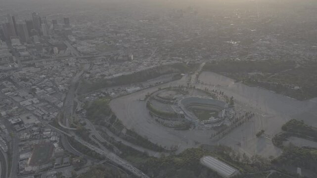 Aerial View of Dodger Stadium at Sunset with Downtown Los Angeles in the background - SLog3