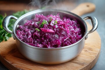 Steaming Red Cabbage in Stainless Steel Pot on Wooden Cutting Board
