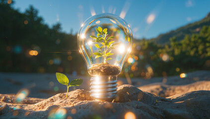 Eco Light Bulb with Green Tree, Sustainable Energy Concept