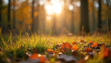 Shallow depth of field photo autumn forest floor. Sun rays illuminate the ground and fall leaves. Nature seasonal landscape, bright sunlight bokeh effect on background trees.