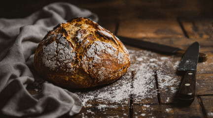 Rustic Artisan Bread on Wooden Table with Knife