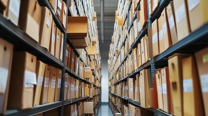 Organized Cardboard Boxes Archive Storage Warehouse Rows Full Brown Storage Boxes Neat Orderly Rows Efficient Archive System Professional Storage Facility Industrial Storage Room Cardboard Box Storage