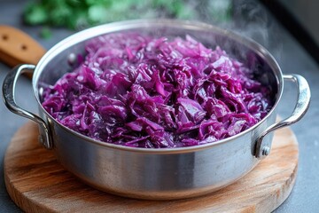 Steaming Red Cabbage in Stainless Steel Pot on Wooden Cutting Board