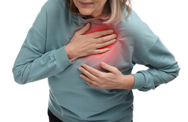Heart attack. Senior woman suffering from pain in chest on white background, closeup