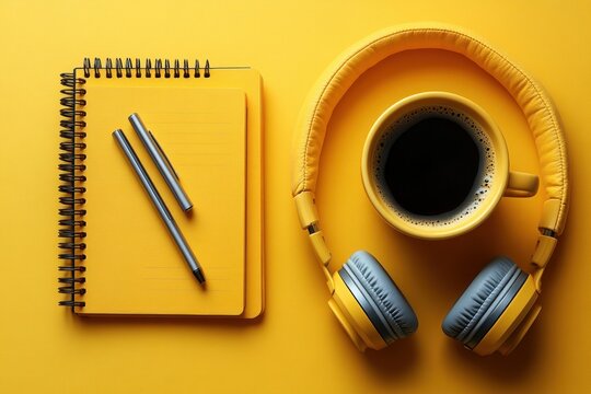 Coffee mug headphones notebook and pens on yellow background workspace concept for online learning and business