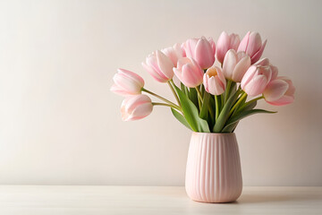 Obraz premium Pink Tulip Bouquet in Ribbed Vase on White Surface