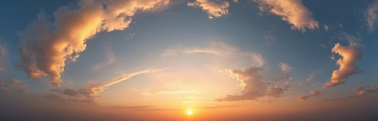 Dark blue sunset sky panorama with Cirrus clouds. Seamless spherical equirectangular format. Complete zenith for 3D visualization, game and sky replacement for aerial drone 360 panoramas.
