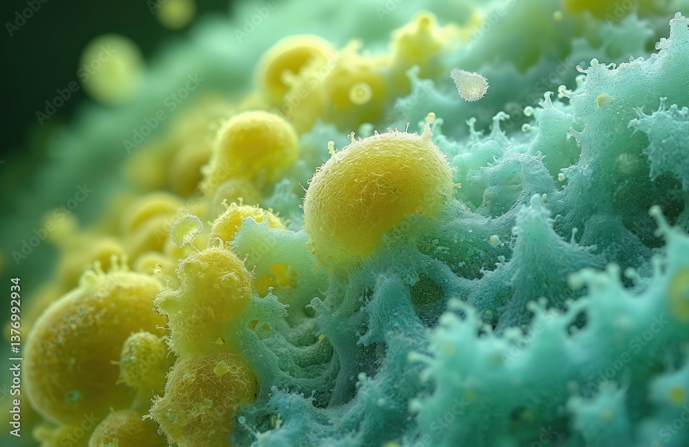 Poster microscopic view of influenza cells, displaying viruses causing cold and flu. image shows green mucu