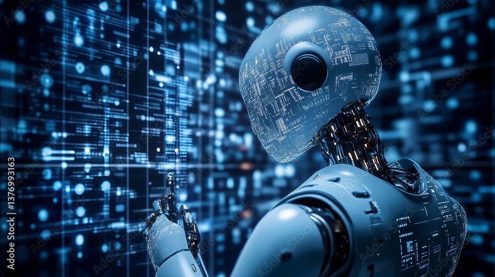 Poster advanced futuristic robot interacting with digital data screen futuristic technology artificial inte