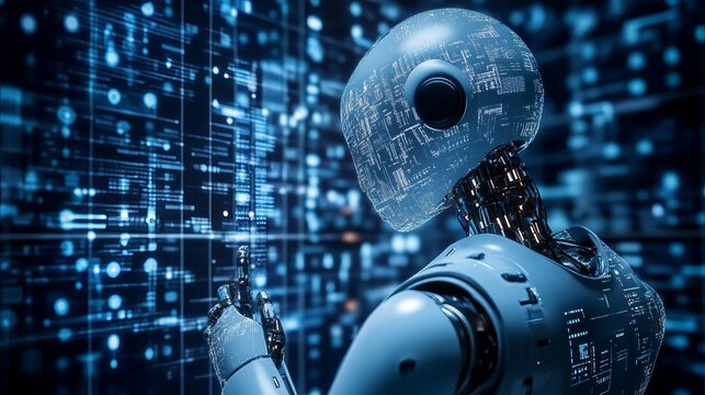 Advanced Futuristic Robot Interacting with Digital Data Screen Futuristic Technology Artificial Intelligence Cybernetic Automation Innovative Digital Interface Program Code Network System Processing  