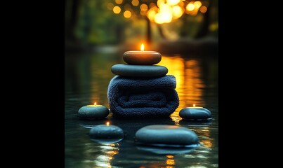 Obraz premium Relaxing Spa Stones and Candles on Water for Peaceful Wellness