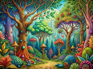 Obraz premium Magical Enchanted Forest Coloring Book Page: Whimsical Trees & Fantasy Creatures