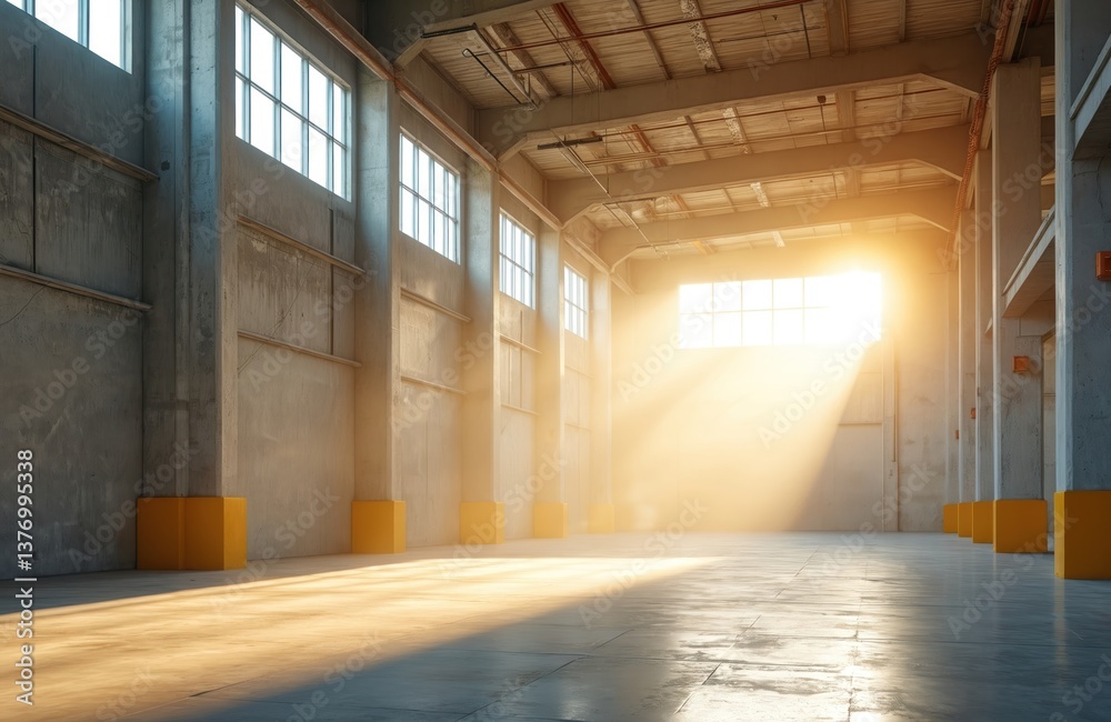 Aufkleber empty industrial warehouse interior with sunlight streaming through windows. concrete floors, column
