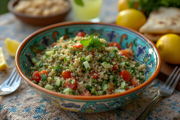 Serving Traditional Tabbouleh Salad with Fresh Ingredients and Lemonade Outdoors