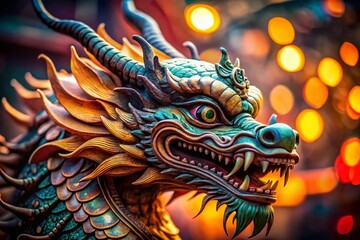 Fototapeta premium Majestic Carved Dragon Head with Bokeh Background - Asian Art Sculpture