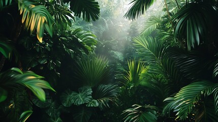 Lush Tropical Paradise, Sunlight Streaming Through Dense Foliage