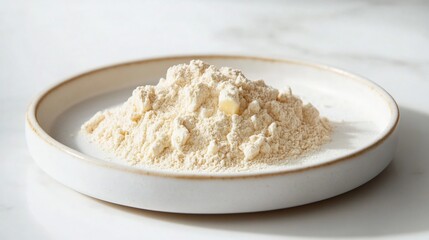 South African Baobab Pulp powder dusted onto white ceramic plate high key lighting enhancing the fine creamy texture and soft citrus hues clean minimalist aesthetic