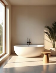 Fototapeta premium Modern minimalist bathroom interior design. White oval bathtub, wood stool, green plant near window. Natural light. Simple, clean, elegant architecture. Comfortable spa, wellness space.