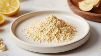 South African Baobab Pulp powder dusted onto white ceramic plate high key lighting enhancing the fine creamy texture and soft citrus hues clean minimalist aesthetic