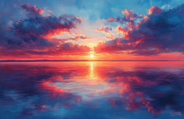 Fototapeta premium Vibrant Sunset Over Calm Ocean Waters